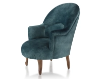 Fauteuil crapaud avec accoudoirs pieds bois teinte noyer et tissu velours bleu pétrole Fauteuil crapaud avec accoudoirs pieds bois teinte noyer et tissu velours bleu pétrole