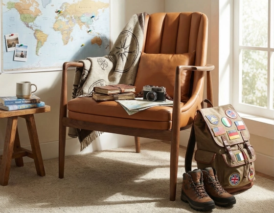 Fauteuil design bois teinte merisier et cuir caramel