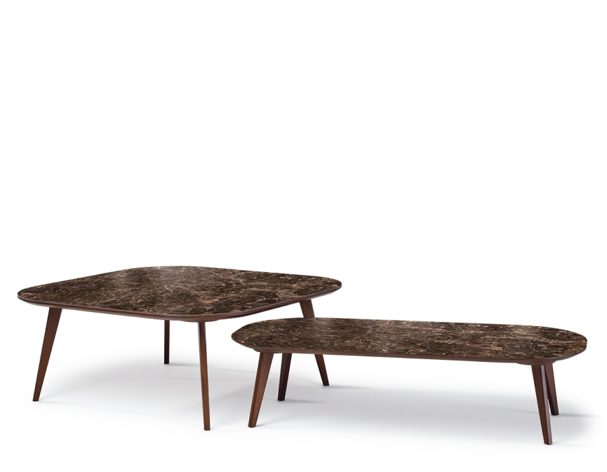 Table basse carré aux angles arrondis F2 plateau céramique bois teinte marron foncé plateau céramique effet marbre brun 60x60x30 cm