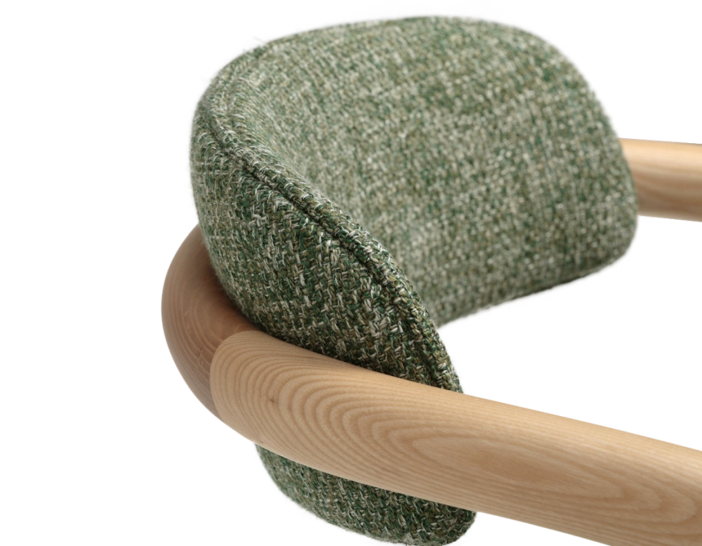 Scandinavian chair wood with natural finish, seat in green mottled fabric. Scandinavian chair wood with natural finish, seat in green mottled fabric.