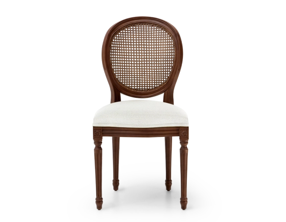 Louis XVI style antique chair dark brown stained wood with cane backrest and natural beige fabric seat.