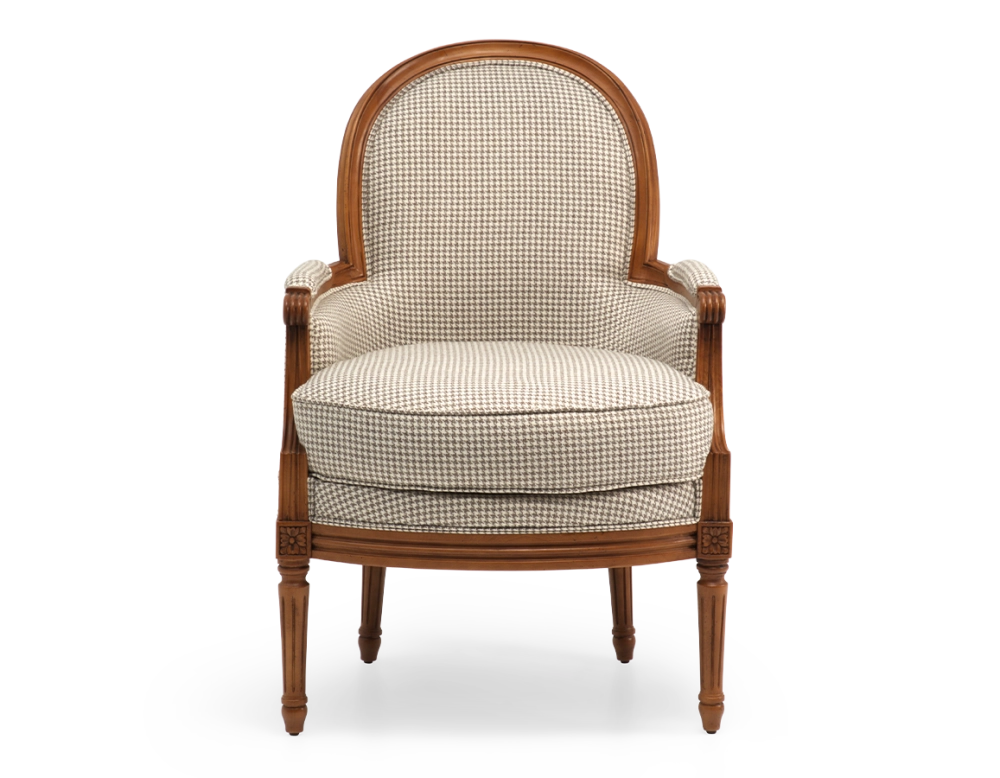 Louis XVI style bergère armchair wood antique stain and white and taupe houndstooth fabric Louis XVI style bergère armchair wood antique stain and white and taupe houndstooth fabric