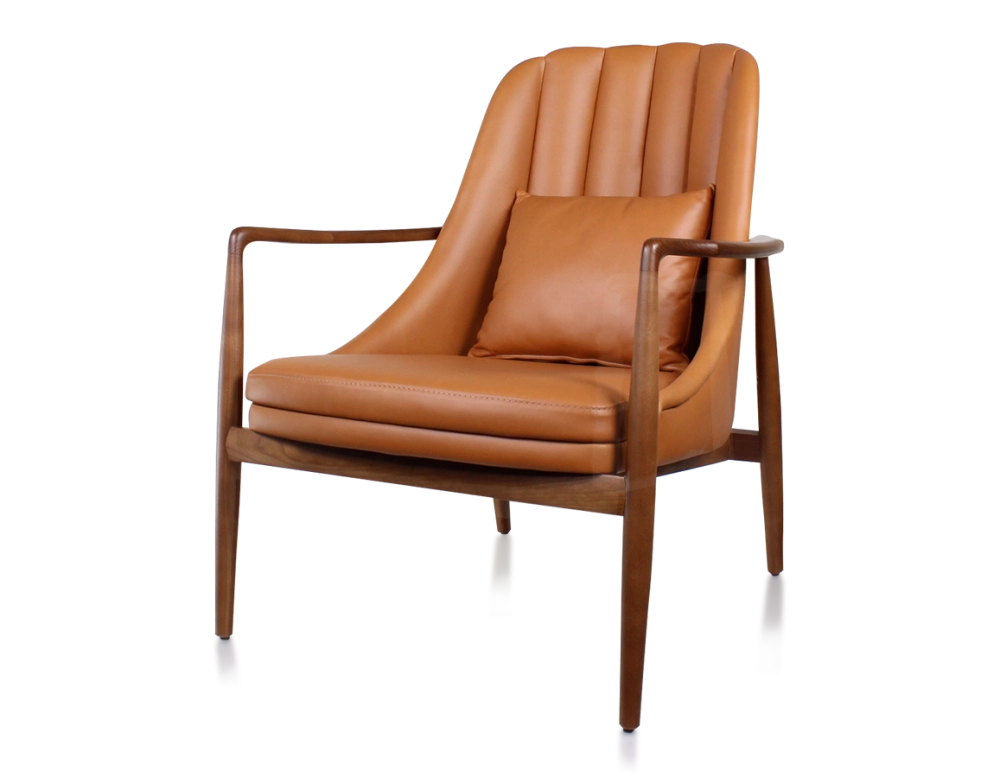 Fauteuil scandinave bois teinte merisier et cuir caramel Fauteuil scandinave bois teinte merisier et cuir caramel