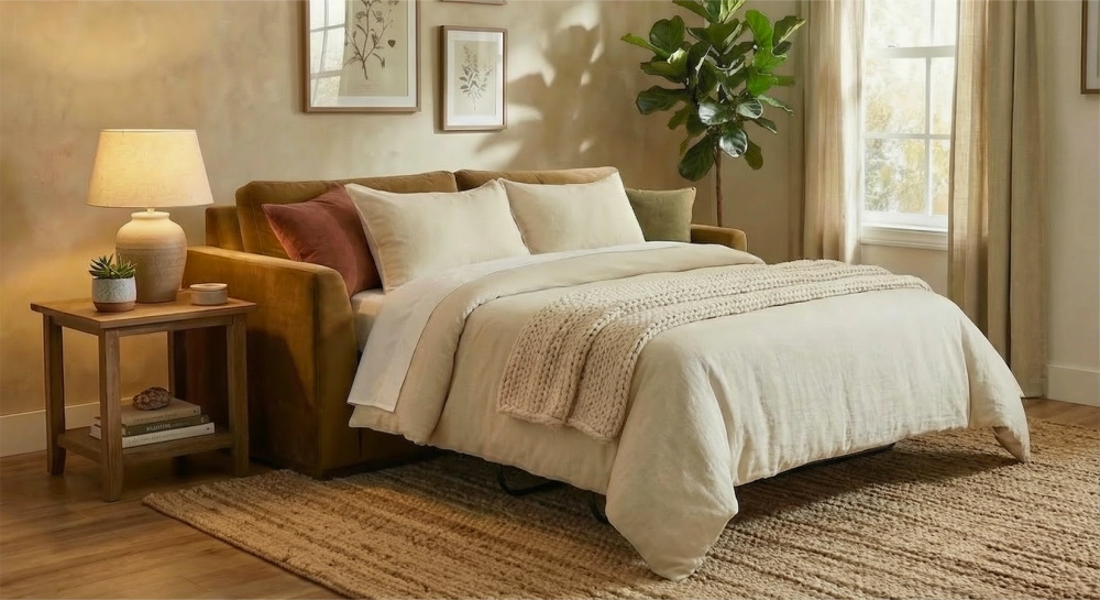 Canapé convertible 3 places tissu velours bronze