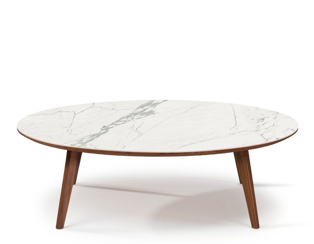 Round walnut and ceramic F1 coffee table wooden tray with a natural finish and a white marble-effect ceramic top m1. 120x120x40 cm