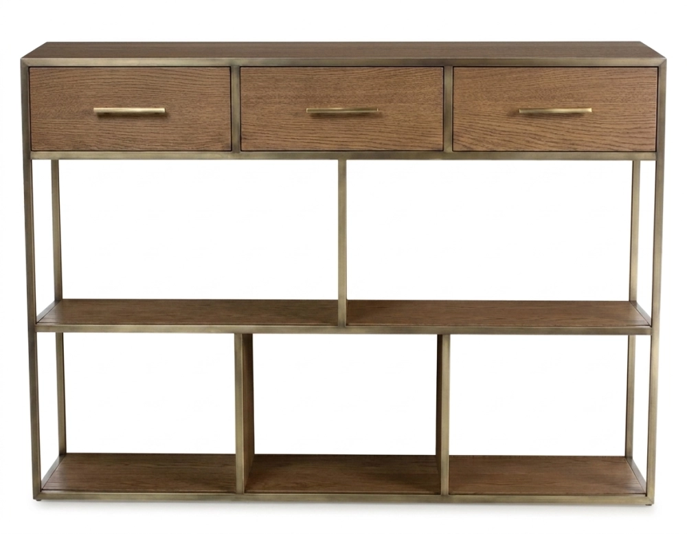 Ash console design frêne teinte noyer et métal patine laiton