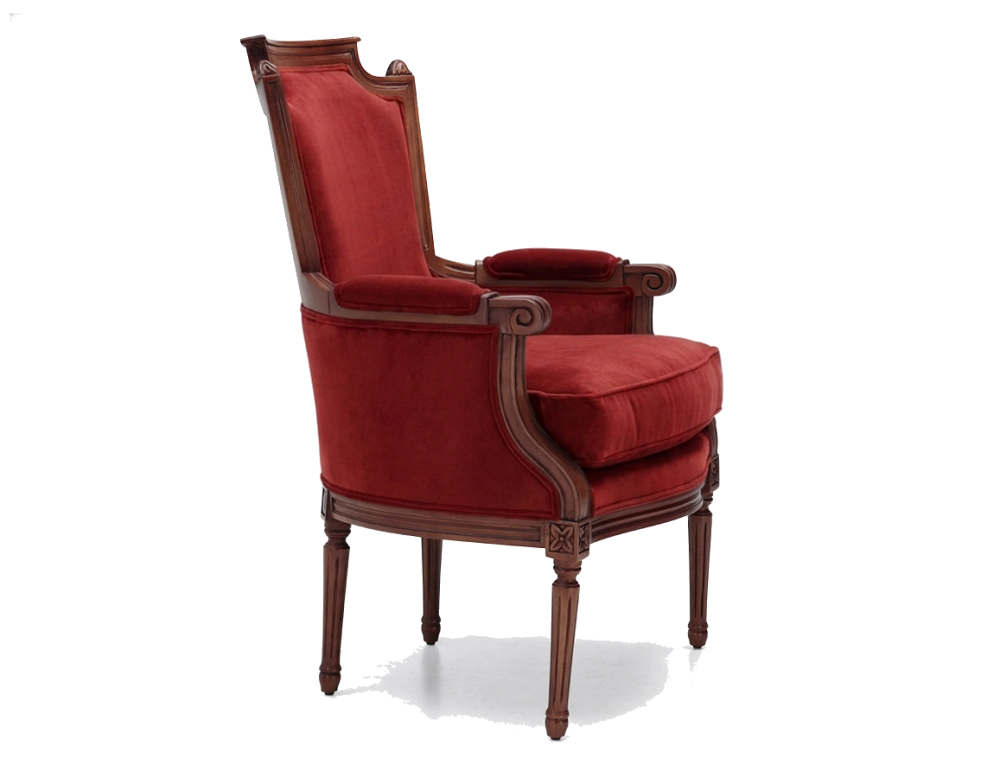 Fauteuil bergère style Louis XVI bois teinte ancienne et tissu bordeaux