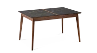 Table salle à manger en noyer et céramique avec bois teinte naturelle et plateau céramique effet marbre noir 140x90 cm