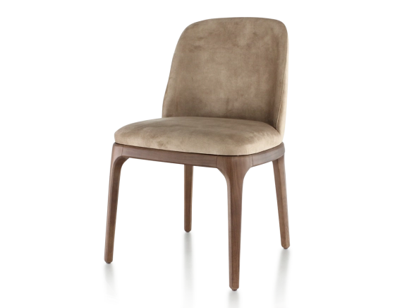 Chaise design bois teinte marron foncé et tissu velours taupe clair