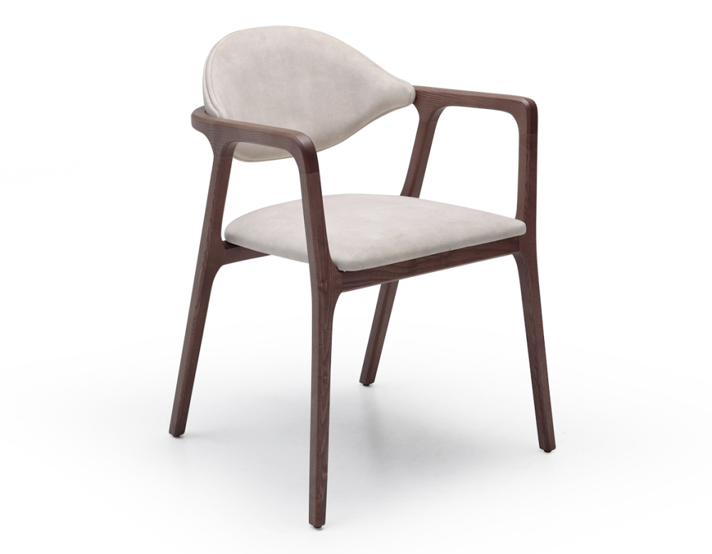 Chaise design avec accoudoirs bois teinte noyer et tissu velours sable