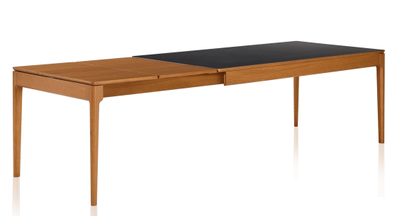 Extendable table for 6 to 10 people in oak and ceramic with wooden extensions with cherry-stained wood and plain black ceramic top 140x90 cm