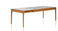 Table extensible 8 à 14 personnes en chêne et céramique allonges céramique avec bois teinte merisier et plateau et allonges céramique effet marbre blanc 210x100 cm