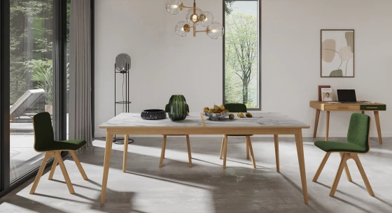 Table salle à manger en chêne naturel et céramique effet marbre blanc 140x90 cm