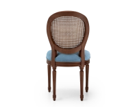Chaise ancienne style Louis XVI bois teinte marron foncée dossier canné assise tissu bleu jean Chaise ancienne style Louis XVI bois teinte marron foncée dossier canné assise tissu bleu jean