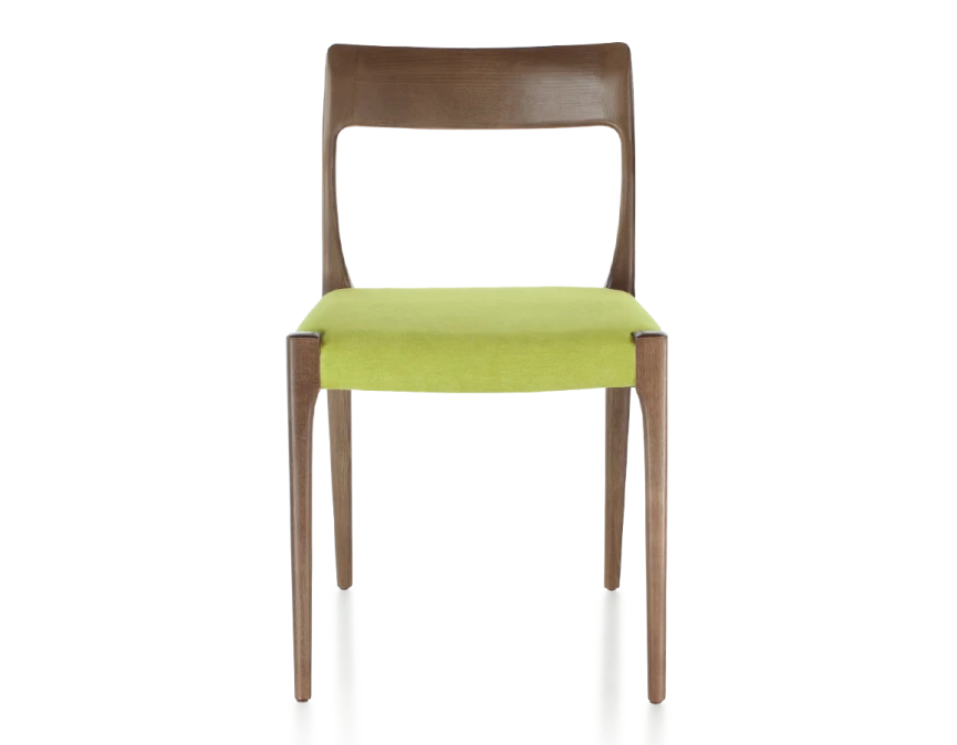 Chaise scandivave bois teinte marron foncé assise tissu vert pomme