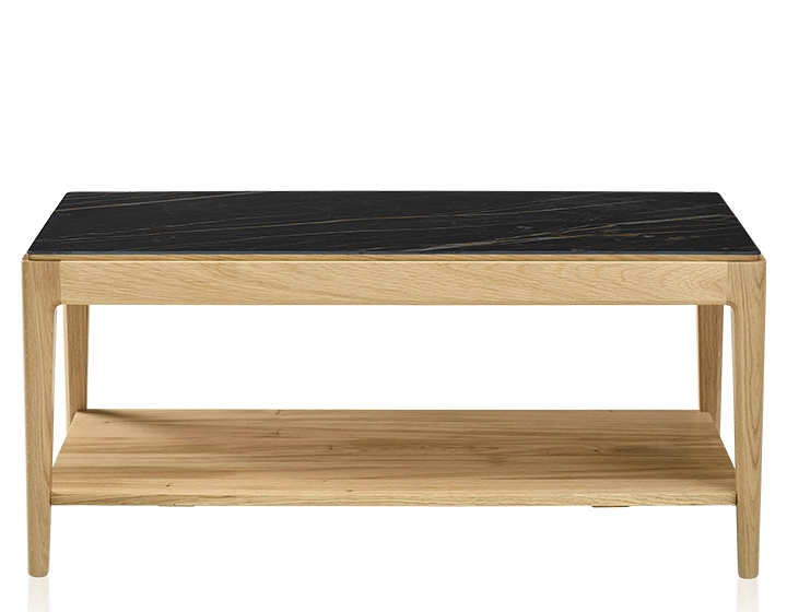 Rectangular coffee table in oak and ceramic with shelf in natural stained wood, black marble effect ceramic top 100x50 cm Rectangular coffee table in oak and ceramic with shelf in natural stained wood, black marble effect ceramic top 100x50 cm