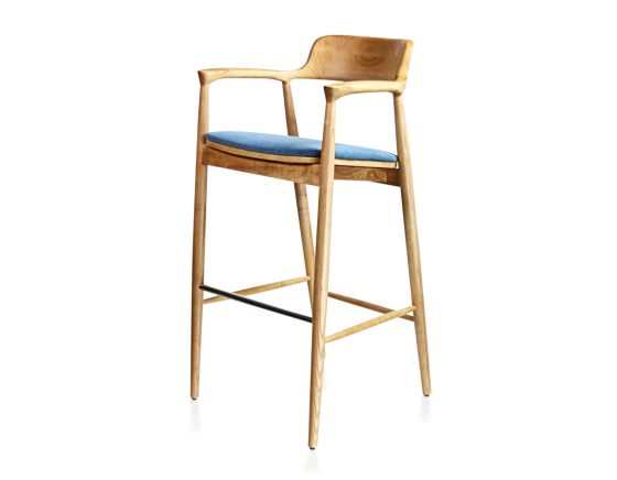 Tabouret de bar h80 cm bois teinte naturelle assise tissu bleu jean