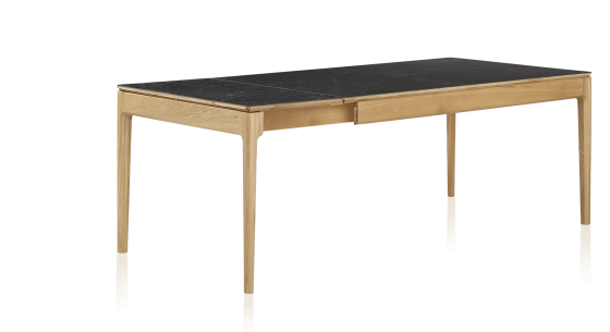 Extendable table for 8 to 12 people in oak and ceramic with ceramic extensions with natural stained wood and ceramic slate effect top and extensions 180x100 cm