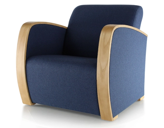 Designer armchair natural wood stain and navy blue fabric