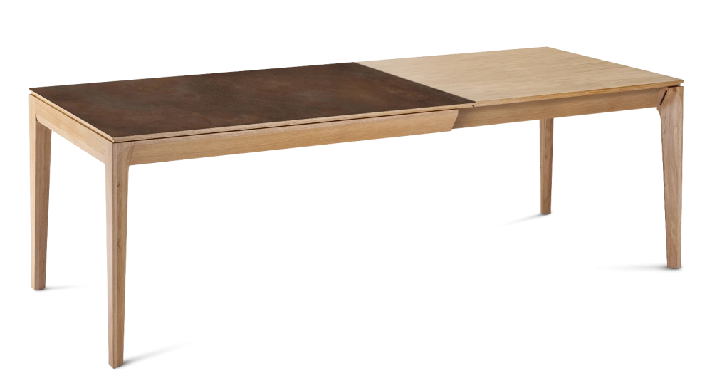 Table extensible 6 à 10 personnes en chêne et céramique allonges bois avec bois teinte naturelle et plateau céramique brun oxydé 140x90 cm Table extensible 6 à 10 personnes en chêne et céramique allonges bois avec bois teinte naturelle et plateau céramique brun oxydé 140x90 cm