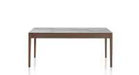 Extendable table for 8 to 12 people in oak and ceramic with ceramic extensions with dark brown stained wood and white marble effect ceramic top and extensions 160x100 cm