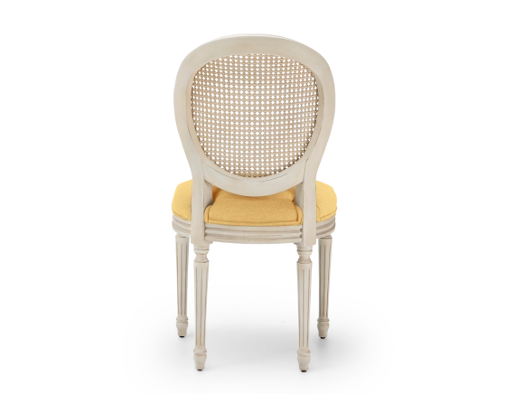 Chaise ancienne style Louis XVI bois teinte blanche cérusée dossier canné assise tissu jaune