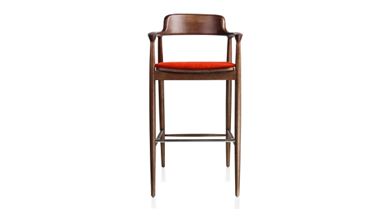 Tabouret de bar h80 cm bois teinte marron foncé assise tissu orange brulé