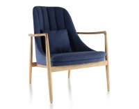 Fauteuil scandinave bois teinte naturelle et tissu bleu marine Fauteuil scandinave bois teinte naturelle et tissu bleu marine