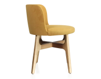 Chaise design bois teinte naturelle assise tissu jaune Chaise design bois teinte naturelle assise tissu jaune