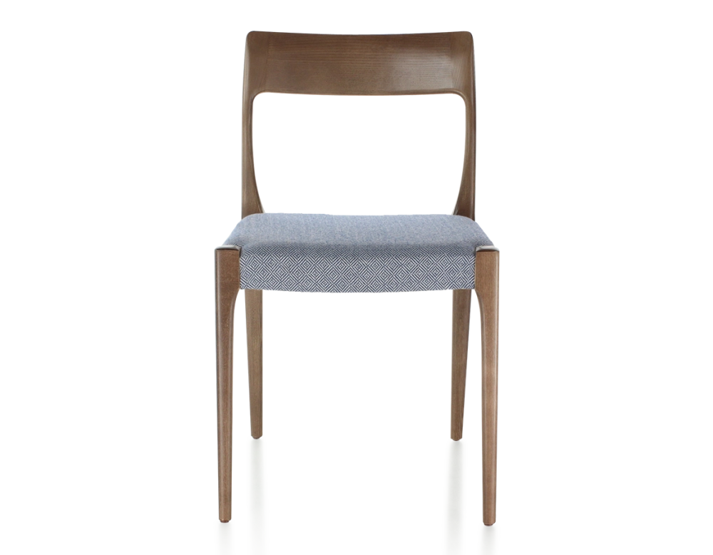Scandinavian chair dark brown stained wood, blue chevron fabric seat Scandinavian chair dark brown stained wood, blue chevron fabric seat