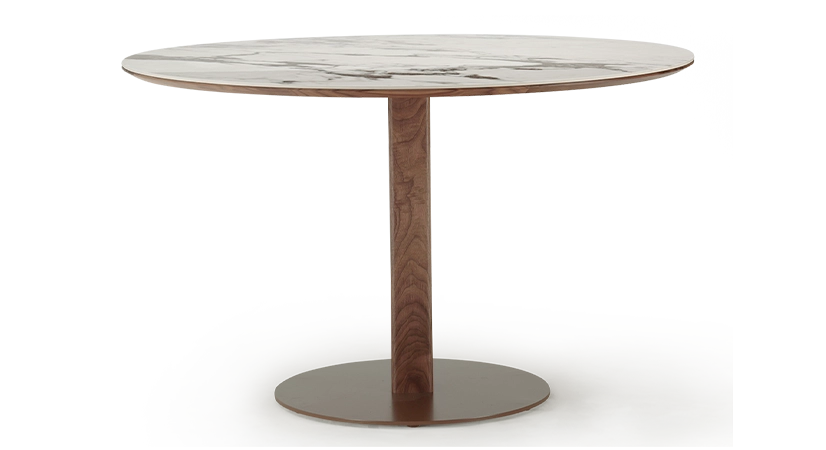Table salle à manger ronde en noyer et céramique 4 à 6 personnes avec bois teinte naturelle et plateau céramique effet marbre blanc 110x110 Table salle à manger ronde en noyer et céramique 4 à 6 personnes avec bois teinte naturelle et plateau céramique effet marbre blanc 110x110