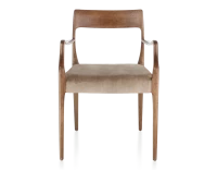 Chaise scandivave avec accoudoirs bois teinte noyer assise tissu velours taupe clair