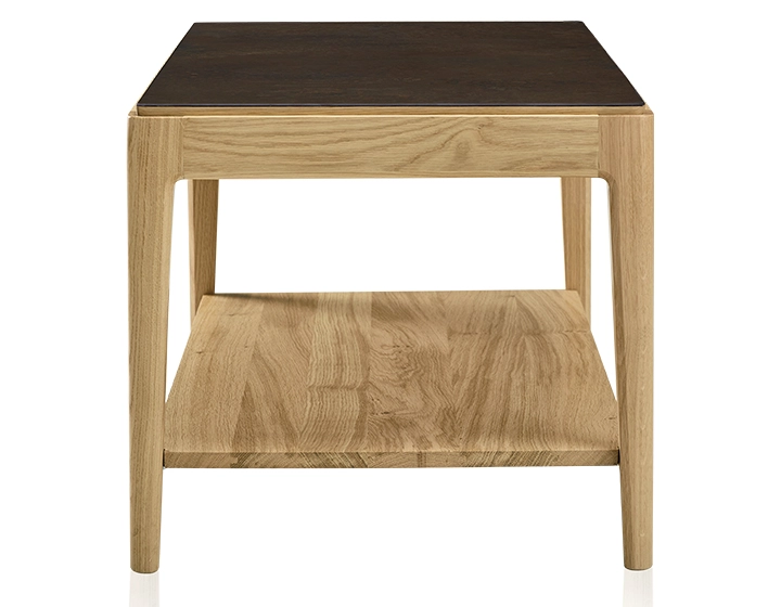Rectangular coffee table in oak and ceramic with shelf in natural stained wood, oxidised brown ceramic top 100x50 cm Rectangular coffee table in oak and ceramic with shelf in natural stained wood, oxidised brown ceramic top 100x50 cm