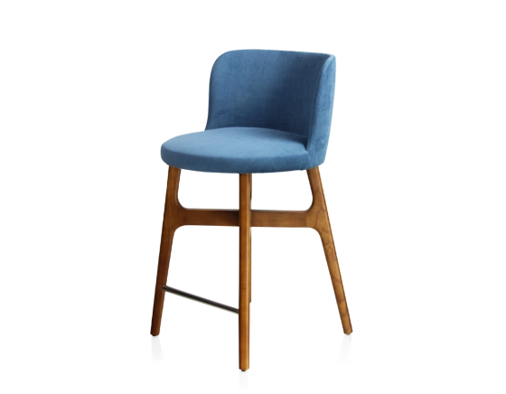 Tabouret de bar h60 cm bois teinte merisier assise tissu bleu jean