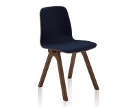 Chaise design en chêne tapissé bois teinte marron foncé assise tissu bleu marine Chaise design en chêne tapissé bois teinte marron foncé assise tissu bleu marine