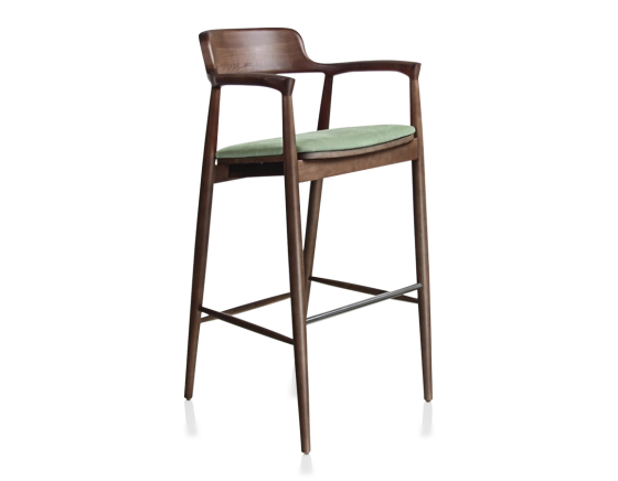 Tabouret de bar h80 cm bois teinte marron foncé assise tissu vert