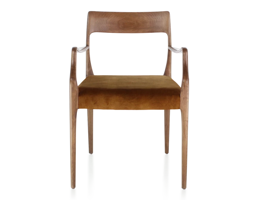 Chaise scandivave avec accoudoirs bois teinte noyer assise tissu velours bronze