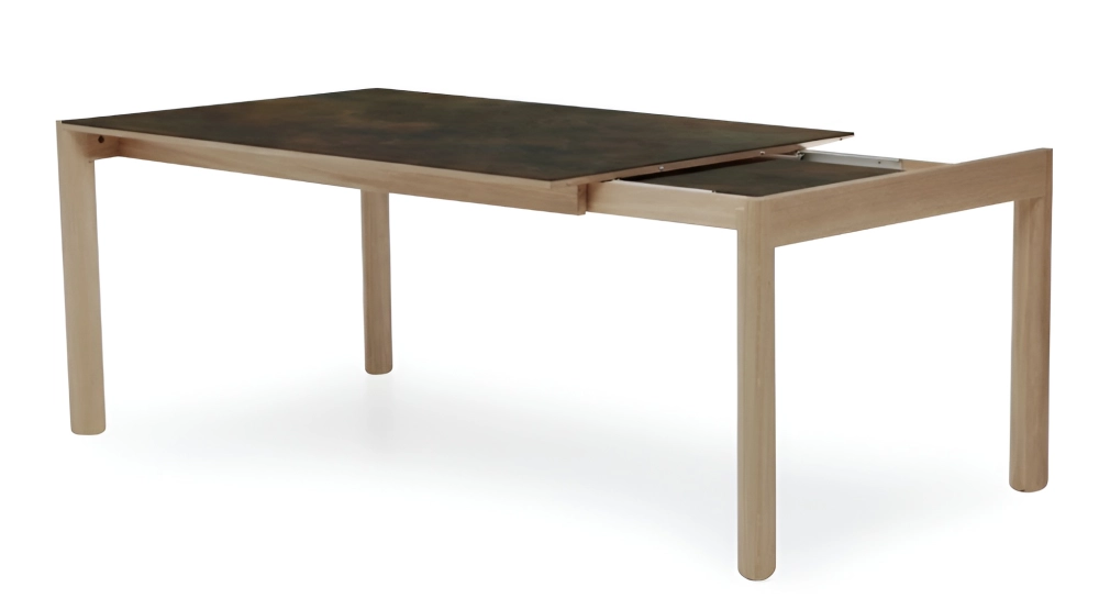 Extending table for 8 to 14 people in oak and ceramic with ceramic extensions natural wood finish and brown marble-effect ceramic 210x100 cm Extending table for 8 to 14 people in oak and ceramic with ceramic extensions natural wood finish and brown marble-effect ceramic 210x100 cm