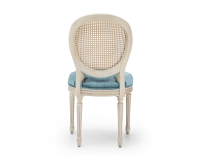 Louis XVI style antique chair white cerused wood with cane backrest and petrol blue velvet seat. Louis XVI style antique chair white cerused wood with cane backrest and petrol blue velvet seat.