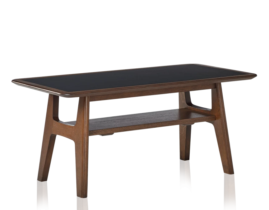 Table basse rectangulaire en chêne et céramique avec bois teinte marron foncé plateau céramique noir unie 100x50 cm