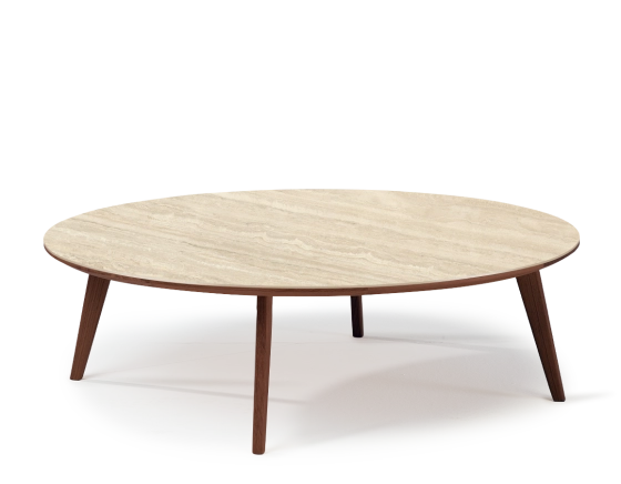 Round coffee table F1 in oak and ceramic dark brown stained wood with ceramic top in travertine stone effect. 110x110x40 cm