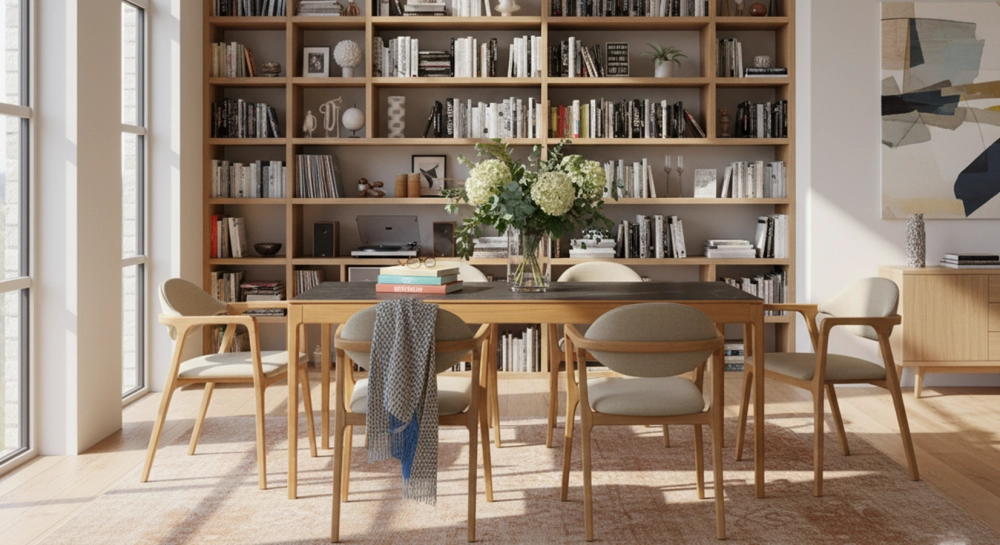 Table salle à manger en chêne et céramique 8 personnes avec bois teinte naturelle et plateau céramique effet ardoise 180x100 cm