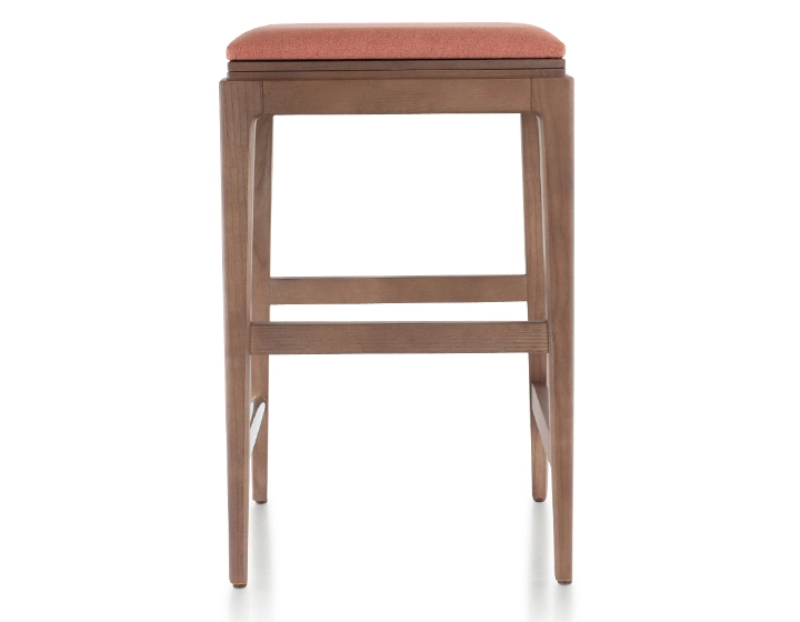 Tabouret de bar design H60 cm bois teinte noyer assise tissu rose corail Tabouret de bar design H60 cm bois teinte noyer assise tissu rose corail