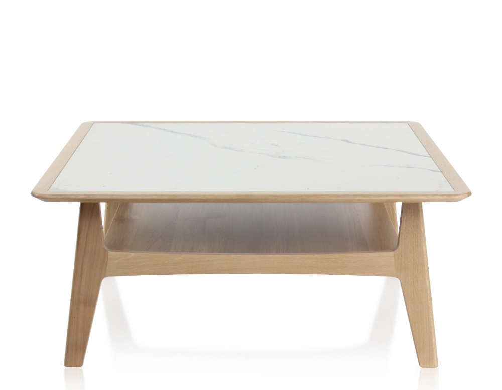 Table basse carrée en chêne et céramique avec bois teinte naturelle plateau céramique effet marbre blanc 100x100 cm Table basse carrée en chêne et céramique avec bois teinte naturelle plateau céramique effet marbre blanc 100x100 cm