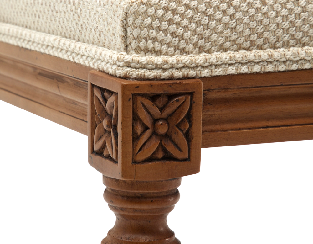 Tabouret ancien style Louis XVI bois teinte ancienne et tissu chiné beige Tabouret ancien style Louis XVI bois teinte ancienne et tissu chiné beige