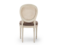 Louis XVI style antique chair white cerused wood with cane backrest and taupe fabric seat. Louis XVI style antique chair white cerused wood with cane backrest and taupe fabric seat.