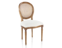 Chaise ancienne style Louis XVI bois teinte ancienne dossier canné assise tissu bouclé blanc Chaise ancienne style Louis XVI bois teinte ancienne dossier canné assise tissu bouclé blanc