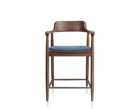 Tabouret de bar h60 cm bois teinte noyer assise tissu bleu jean