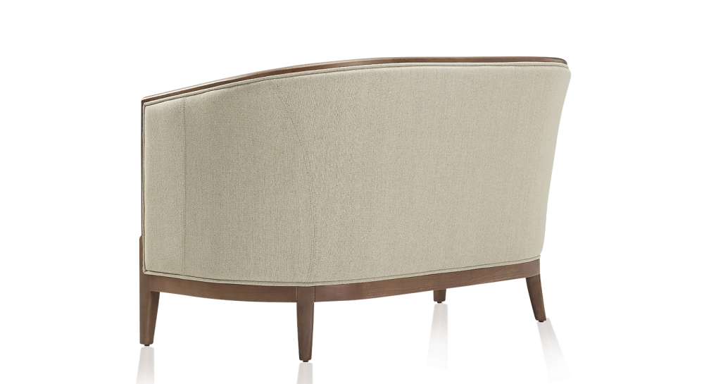 Canapé ancien 2 places bois teinte noyer et tissu beige naturel Canapé ancien 2 places bois teinte noyer et tissu beige naturel