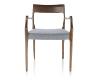 Chaise scandivave avec accoudoirs bois teinte marron foncé assise tissu chevron bleu
